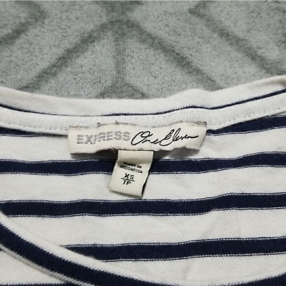 Express Navy Blue & White Striped Crew Neck Sailor Boho Chic Knot Waist Blouse - Picture 3 of 3